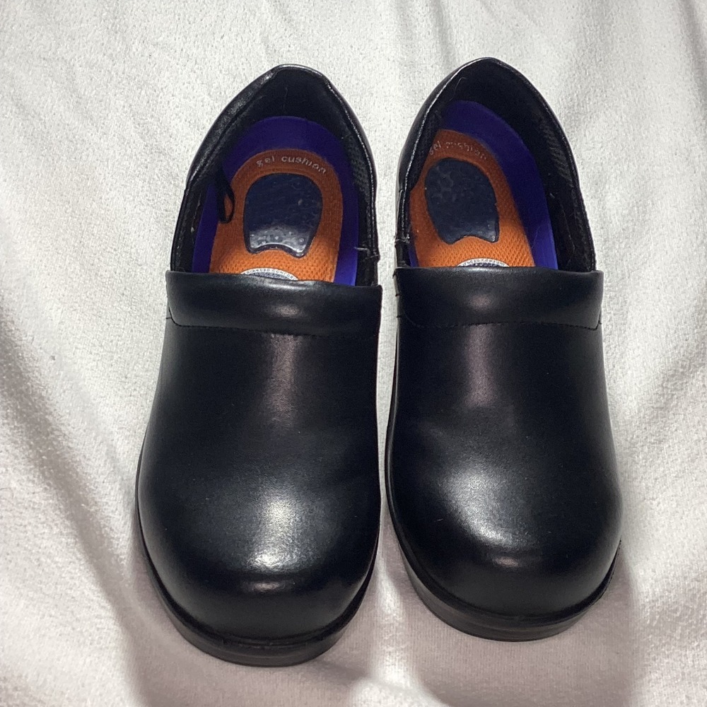 Dr Scholls Careers Harrington II Black Leather Work Clogs Slip Resistant 6.5